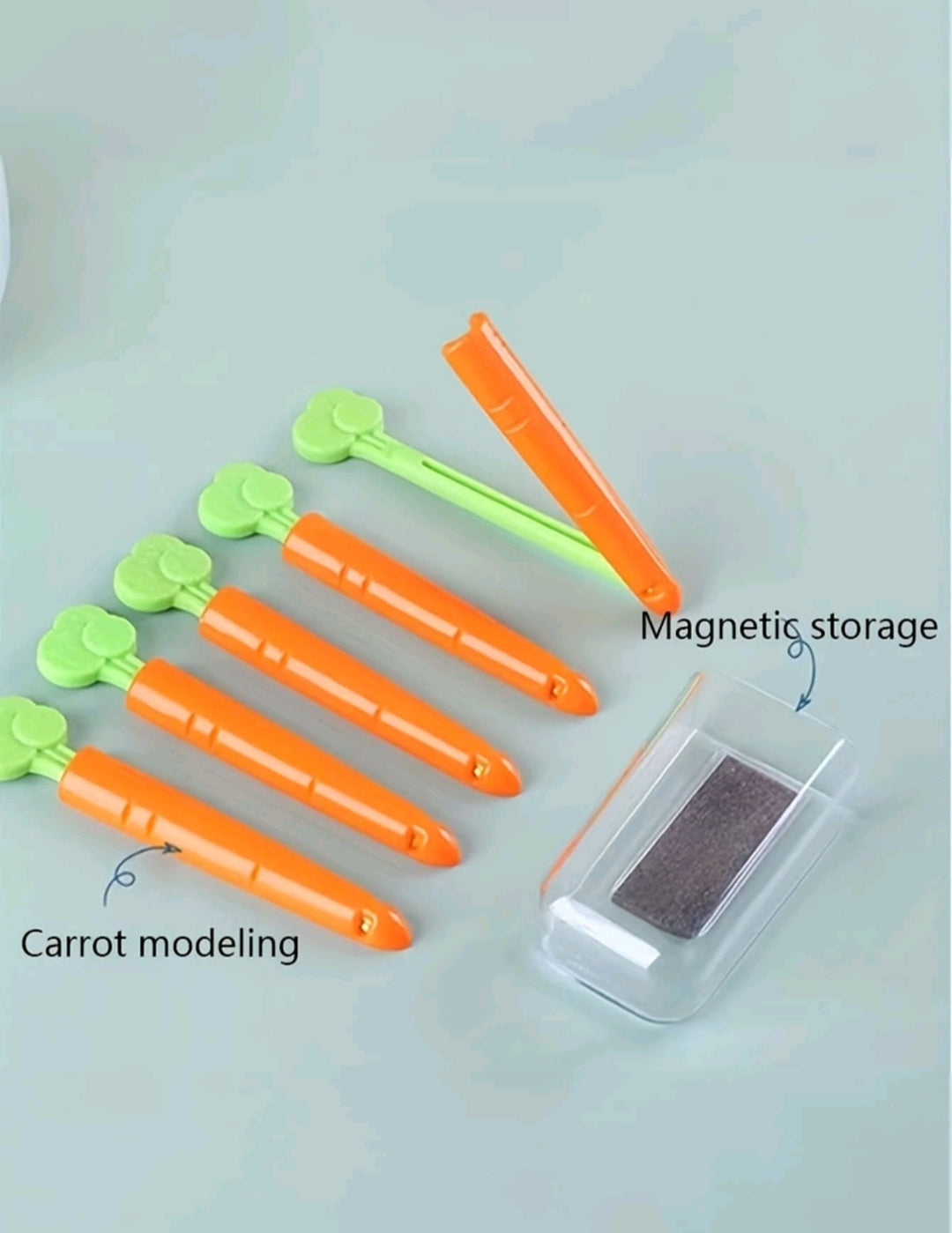 5 sealing tweezers in the shape of a cartoon carrot